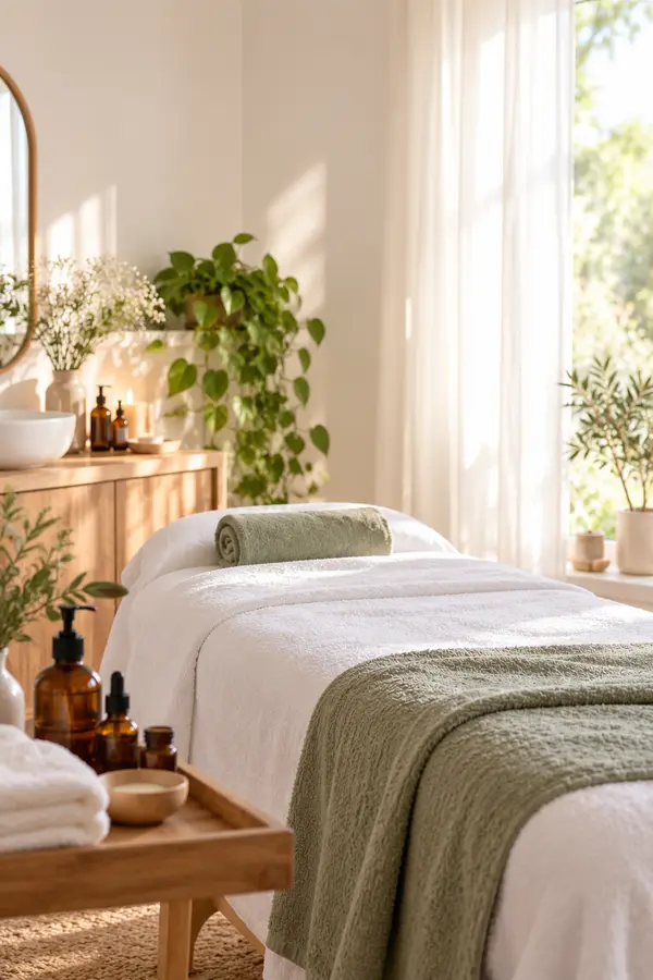 La cabine de soins, lumière naturelle, plantes et linge blanc