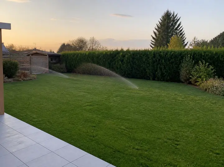 Pelouse verte arrosée par des tuyères, après travaux